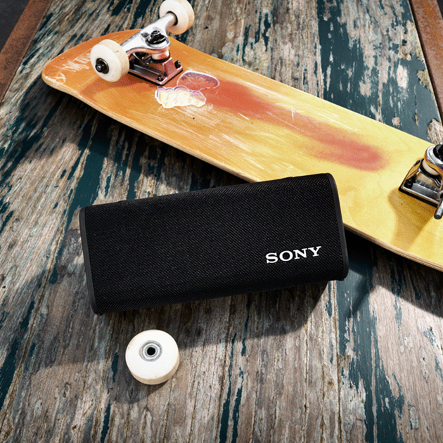Sony portable speaker by skateboard.