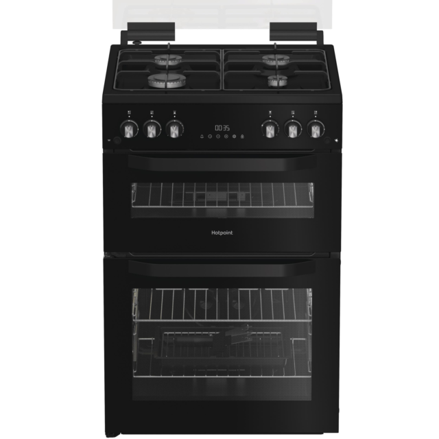 Hotpoint 60cm Freestanding Gas Double Cooker with Glass Lid