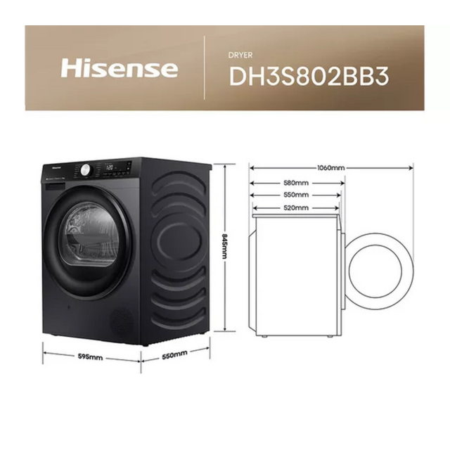 Hisense DH3S802BB3 8kg Heat Pump WiFi Tumble Dryer