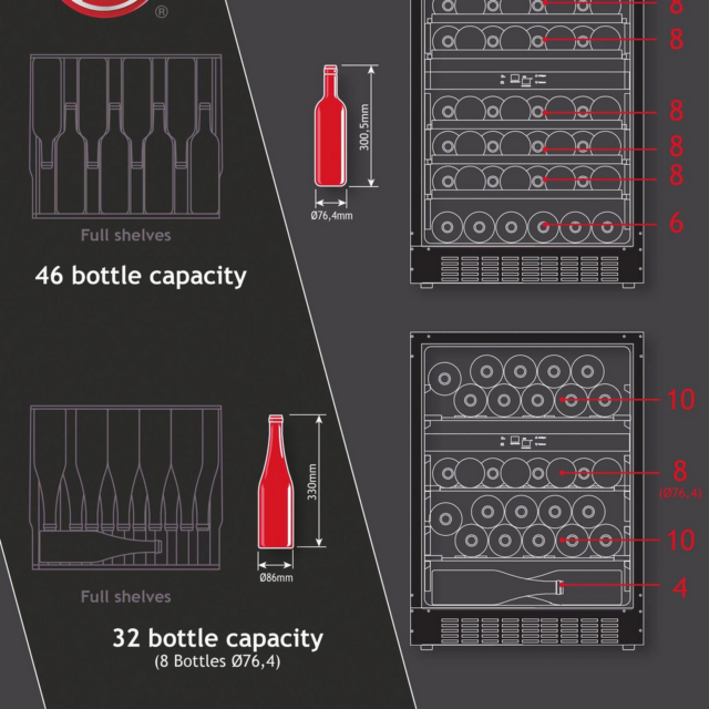 Hoover HWCB60UK/N Under Counter Wine Cooler 46 Bottles Black