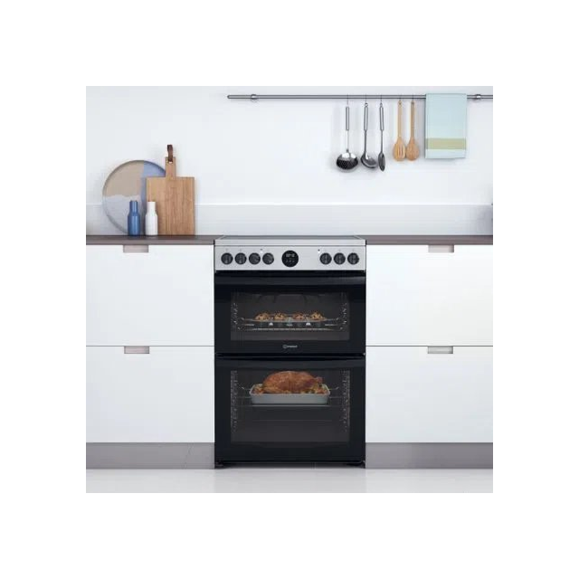Indesit ID67V9HCXUK 60cm Double Oven Electric Cooker with Ceramic Hob - Stainless Steel
