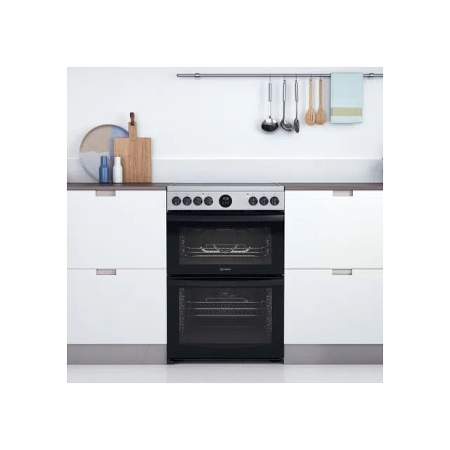 Indesit ID67V9HCXUK 60cm Double Oven Electric Cooker with Ceramic Hob - Stainless Steel