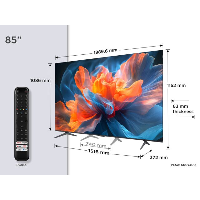 TCL 85T8C-UK 85inch 4K QLED HDR Smart Ultra HD Google TV